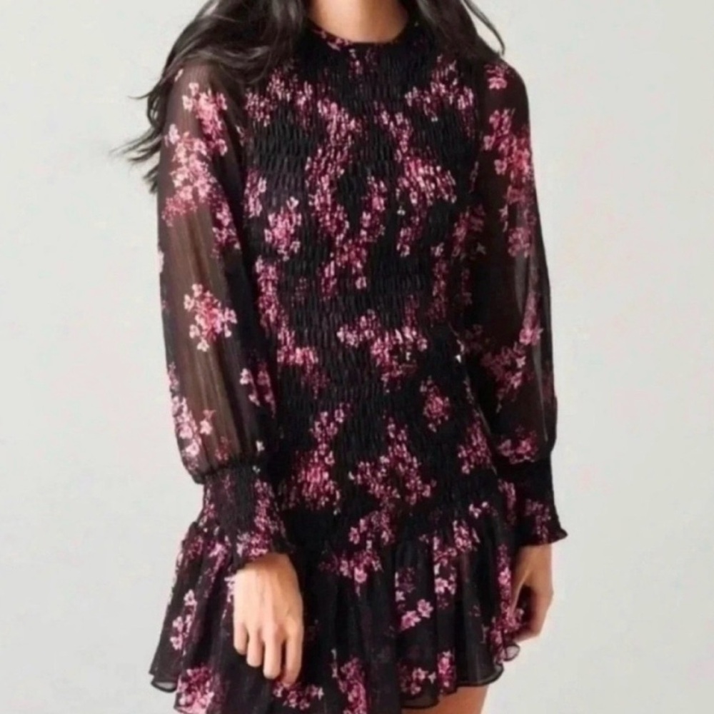 Misa LA Black Pink Floral Roisin Long Sleeve Mini Dress